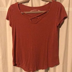 Aero XS coral t-shirt with cross neckline